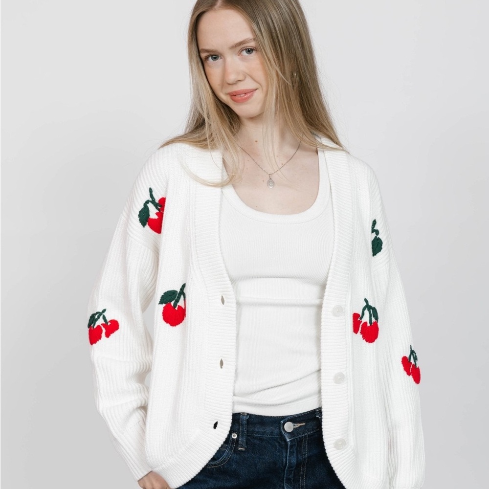 NWT Smash + Tess White Cardigan with Red Cherry Embroidery